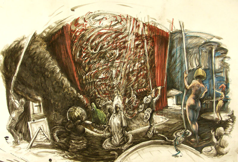 Taking place in an imagined warehouse interior, a circus of sorts is underway. A fire rages, a man struggles to guide the fire hose, a seal balances a ball, a parrot sqwaks, and one femal figure flips off an oblivious pole dancer.  Mary asks for peace in front of a conflagrating flag explosion.