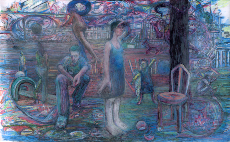 A central female figure looks to the right, past a chair that is in front of a tree trunk. A man climbs the tree trunk with a rope as he tries to place a hoop on a branch. In the middle ground, a giant naked woman moves to the left, behind a couple playing catch near a crouched figure who, looking down, tries to pay it forward with the flip of a coin.
